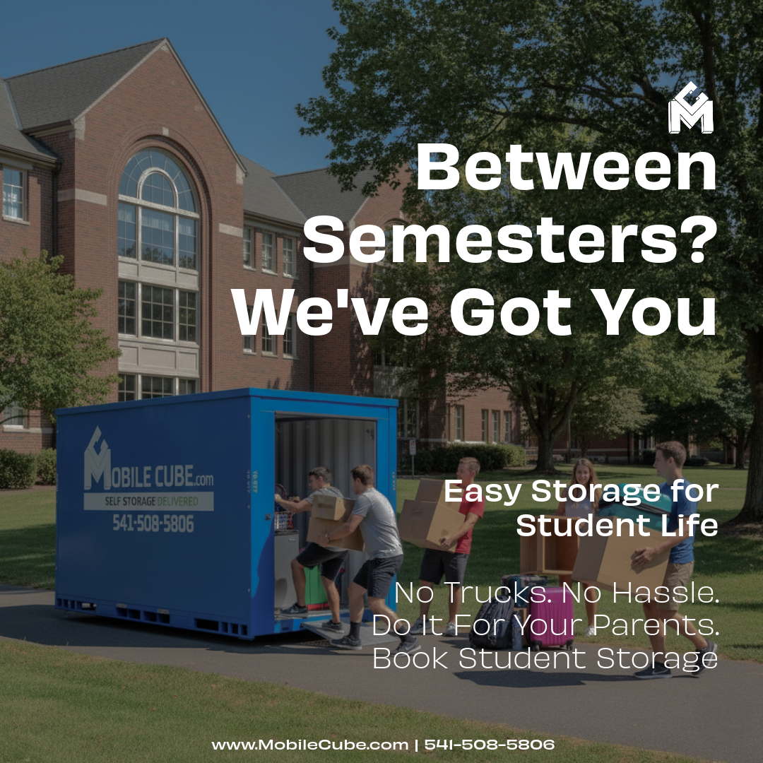 image of kids unloading a portable storage container in front of a university in central OR