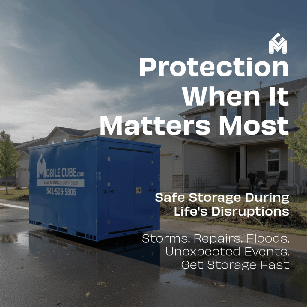 image of a portable storage container in front of a home that has suffered damage from a floor and storm