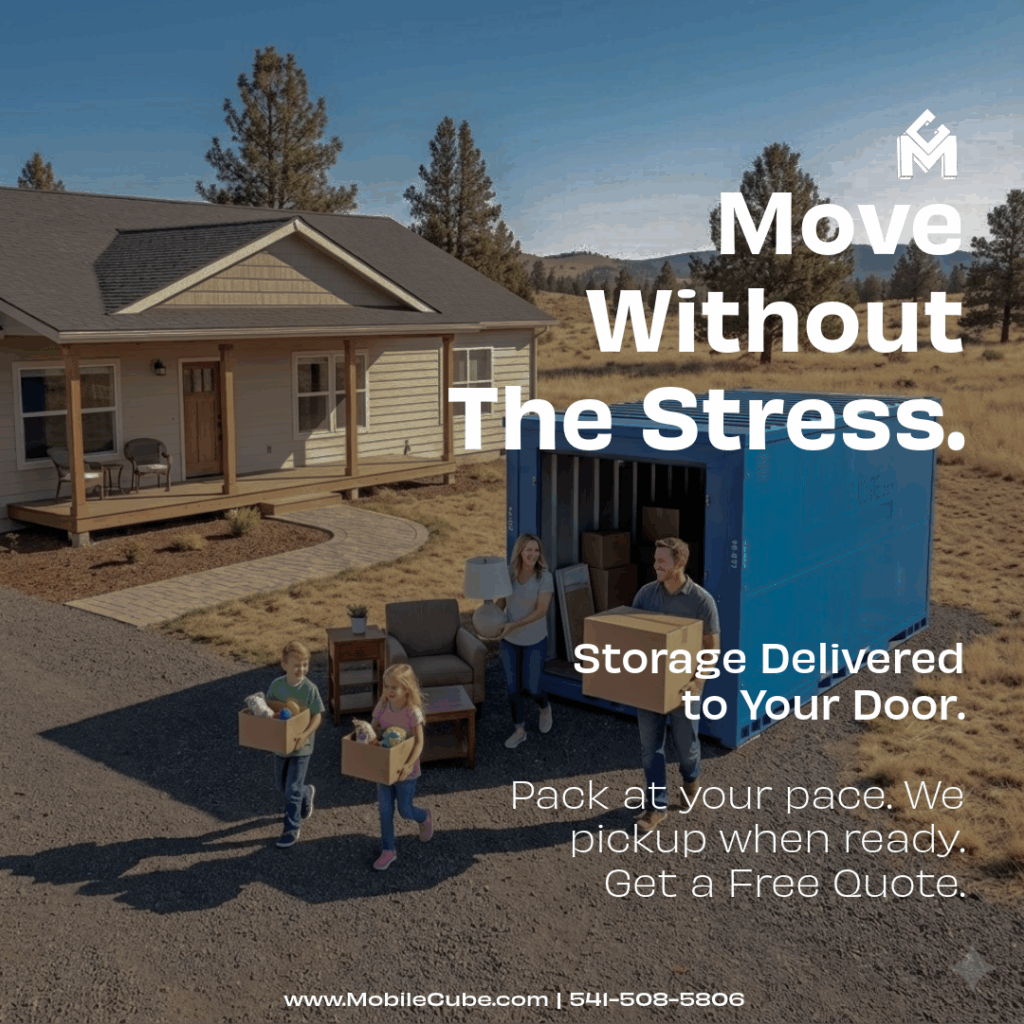 image of a family unpacking a portable storage container with the text move without the stress